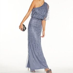 Adrianna Papell Elegant Blue Sequin Mother of Bride Ons Shoulder Dress 8 Medium